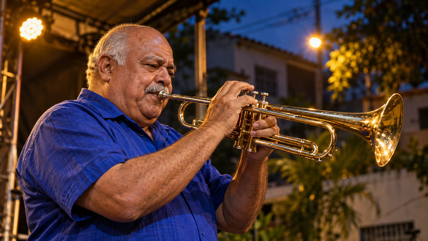 A salsa musician plays a brass instrument on an outdoor neighborhood stage.