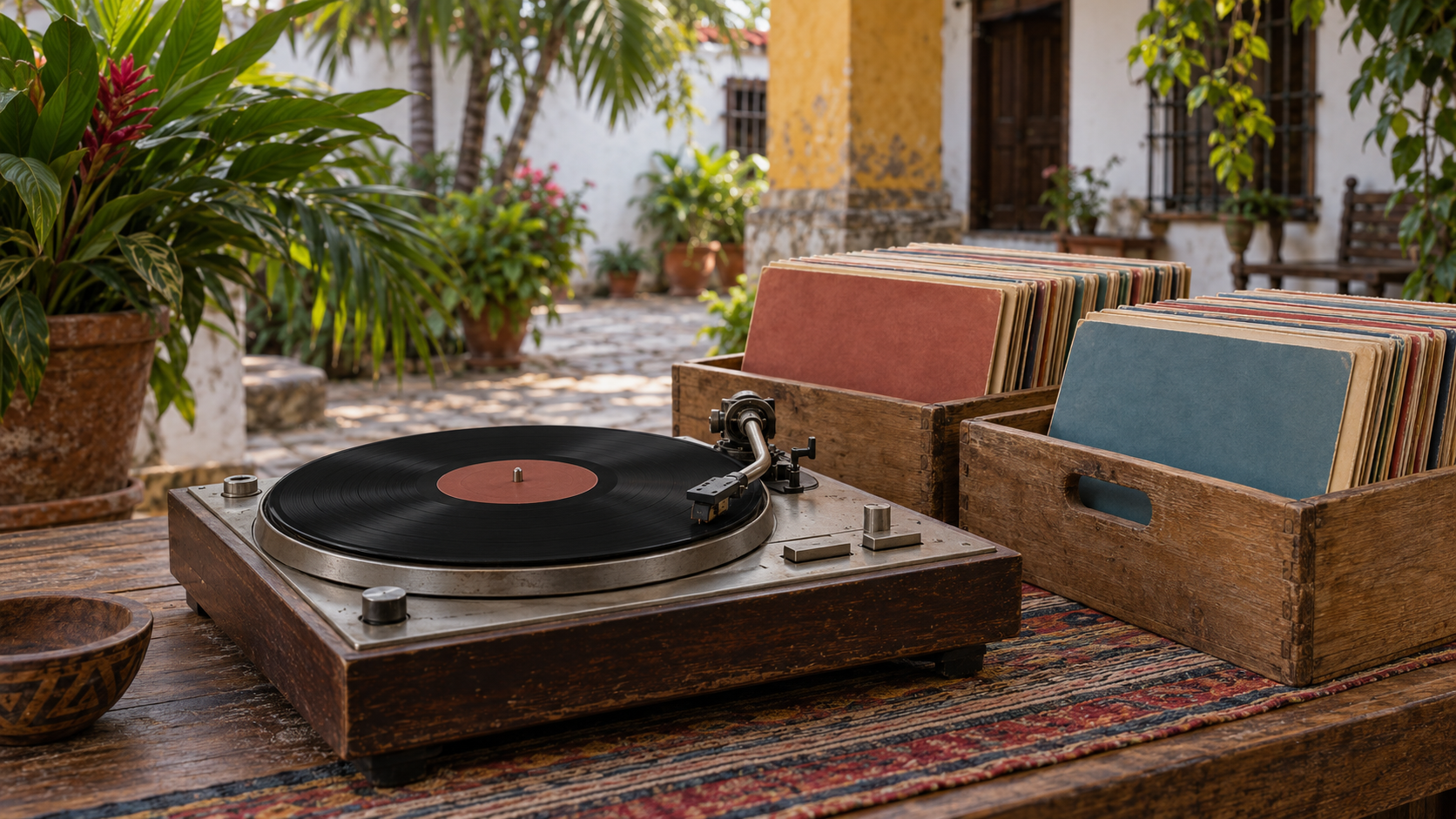 A record player and crates of salsa vinyl at a music collectors’ gathering.