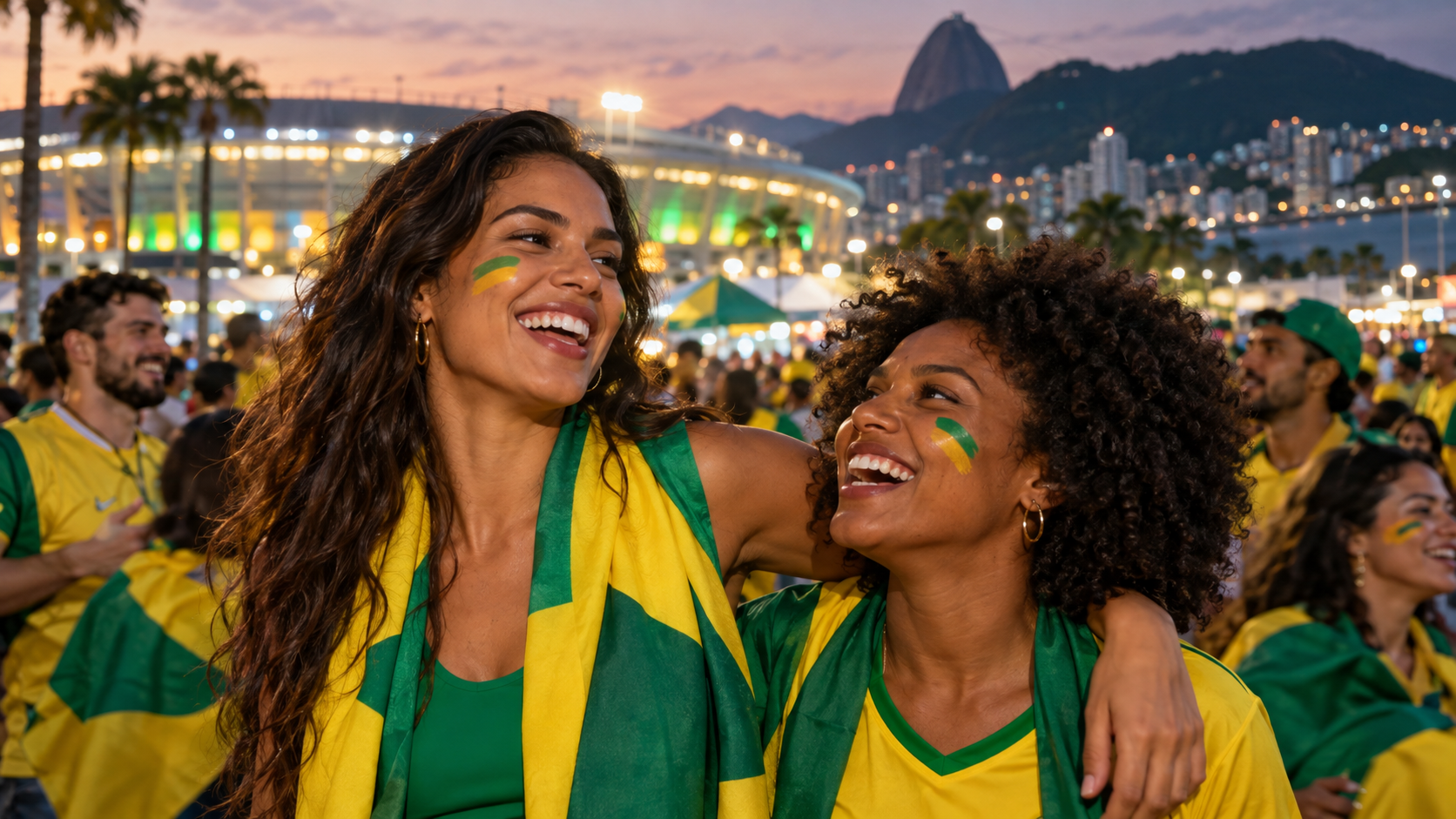 Zwei brasilianische Fans feiern gemeinsam an einem Stadion in Rio
