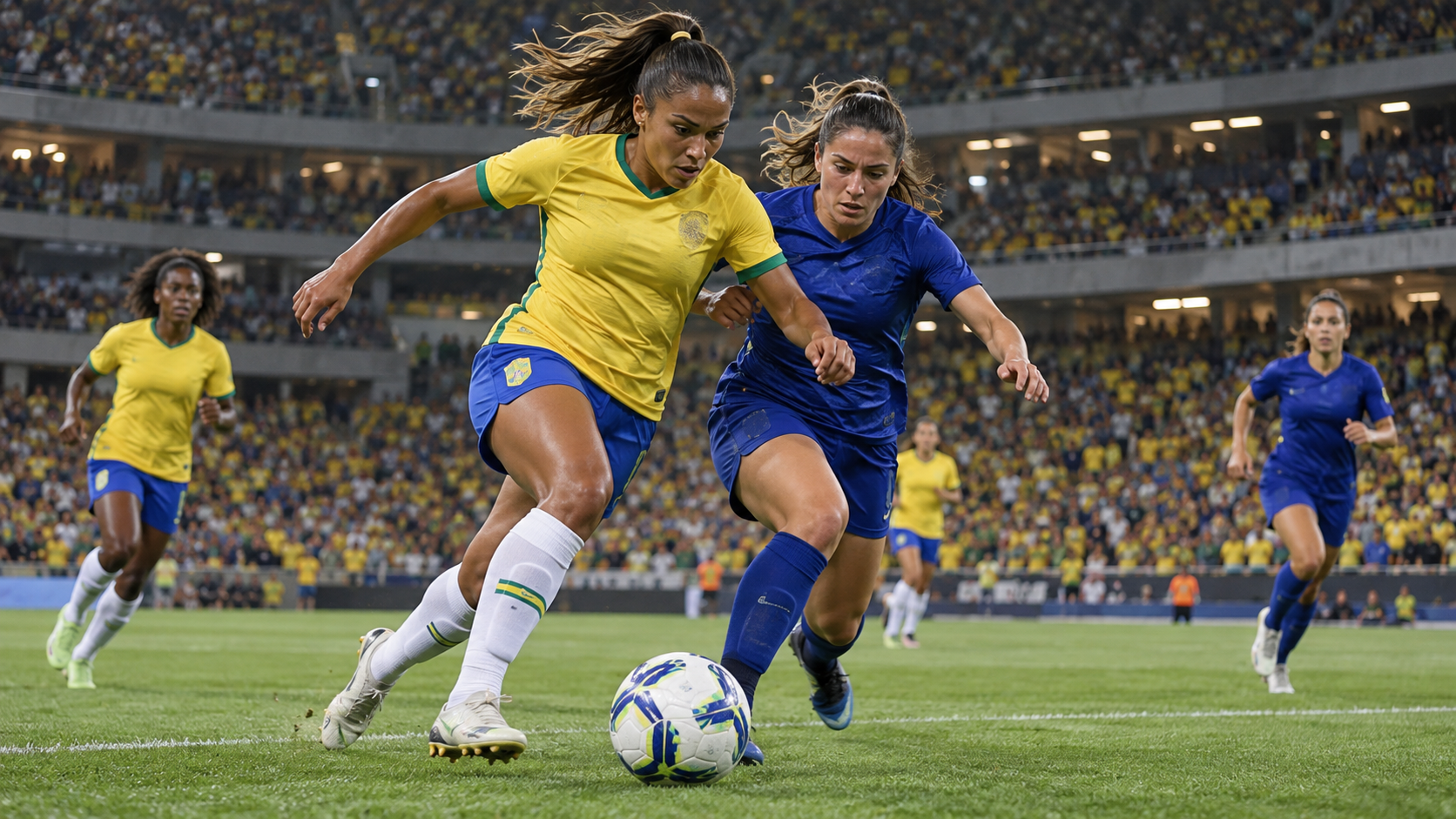 Fußballerinnen kämpfen in einem voll besetzten Stadion um den Ball