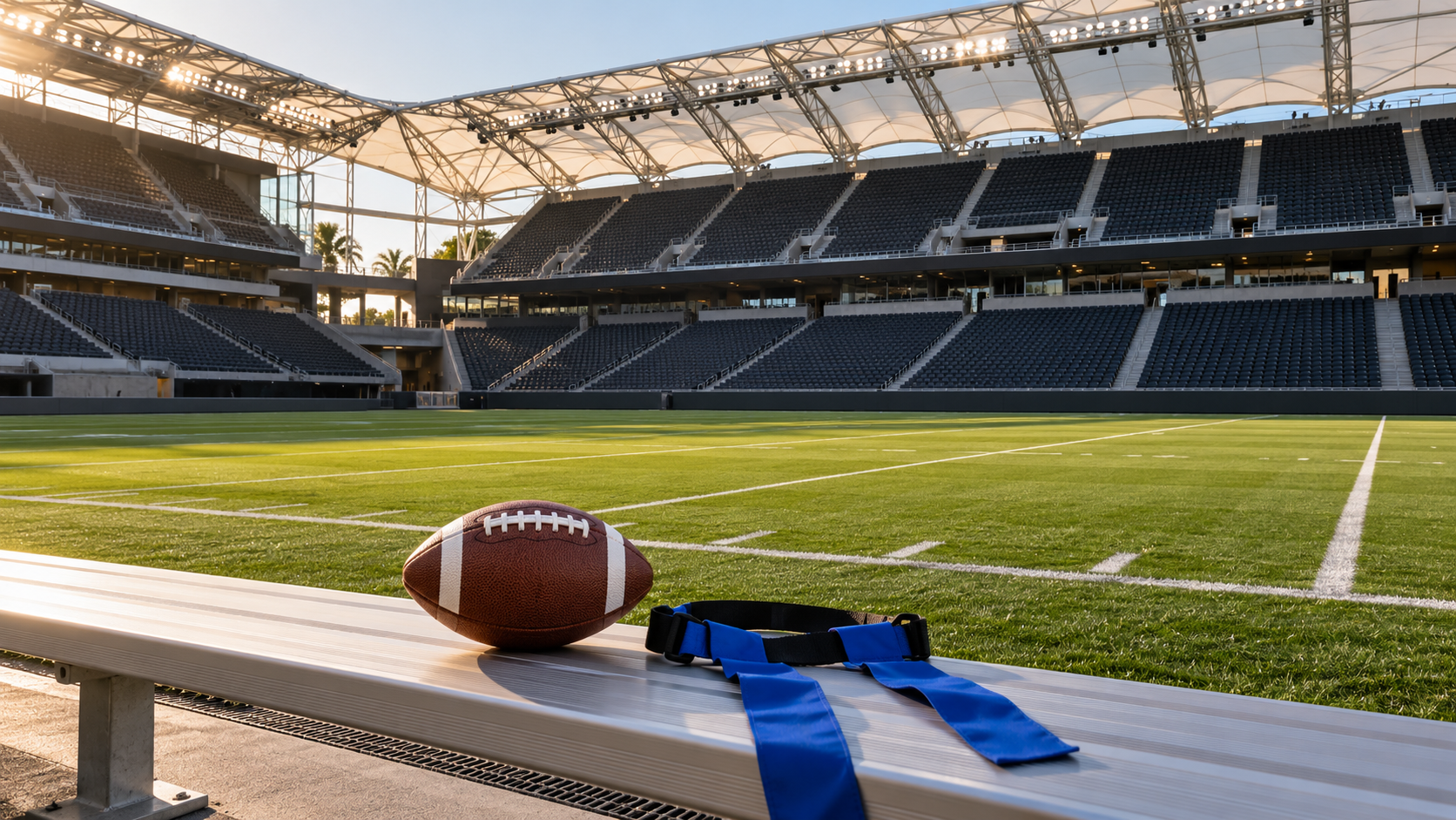 Flag football and a blue flag belt beside an empty stadium field