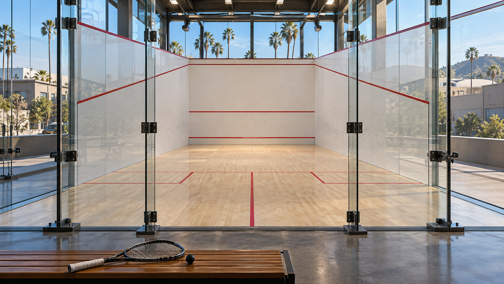 A squash racket and ball rest beside an empty glass court