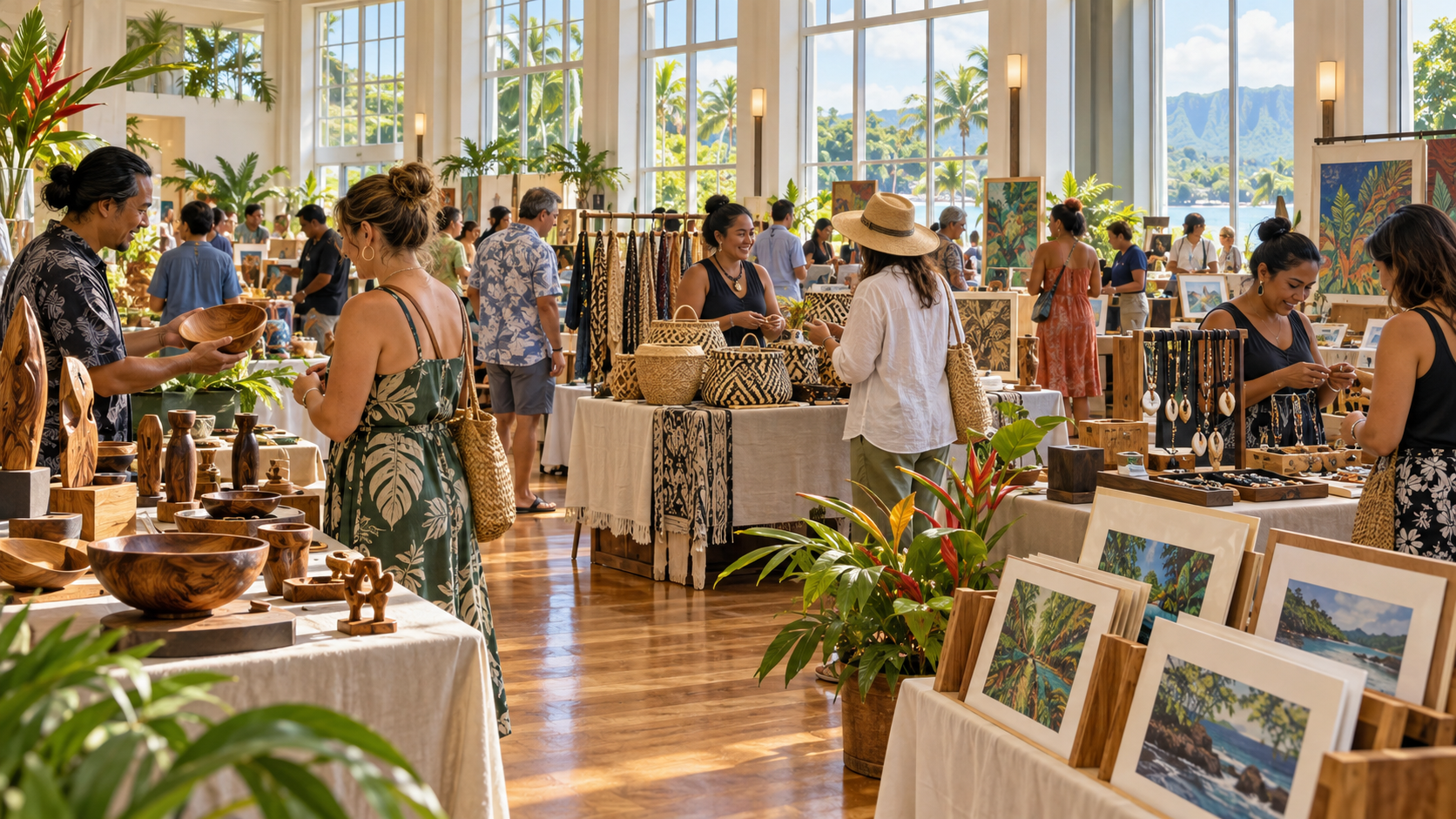 Kunsthandwerker und Besucher auf einem Kunstmarkt in Hilo