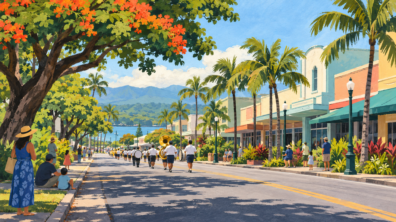 Festzug auf einer von Bäumen gesäumten Straße in Hilo