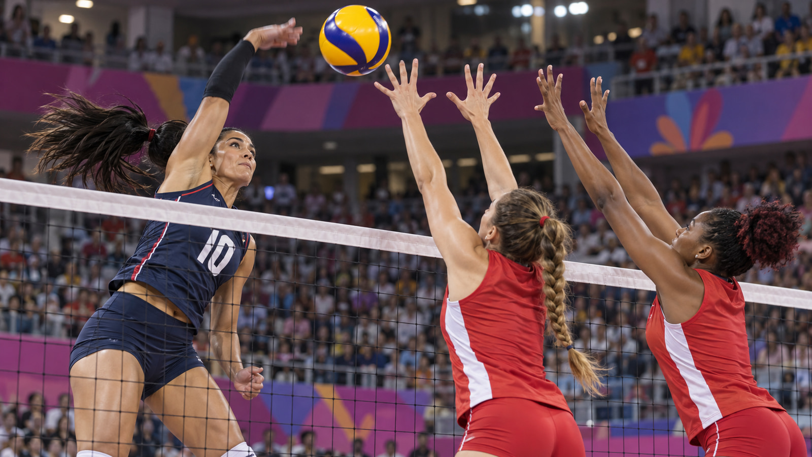 Women volleyball players compete at the net in an indoor arena