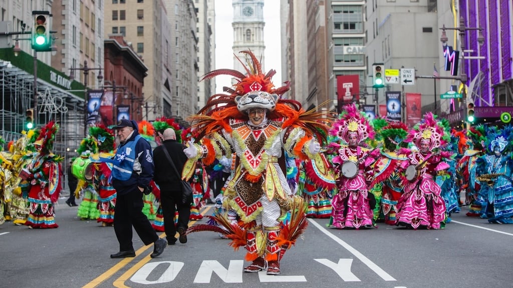 Colorful string bands marching in the Philadelphia Mummers Parade