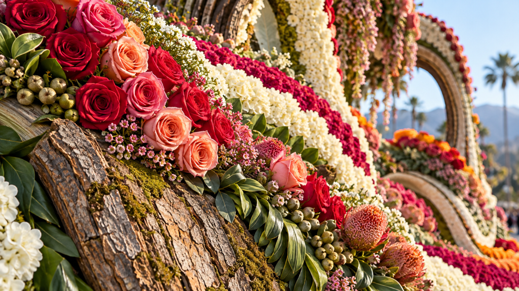 Detalle de rosas, hojas y corteza que cubren una carroza