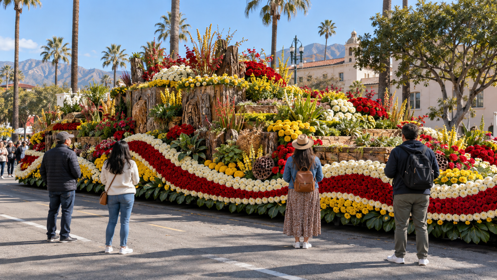 Visitantes observan una carroza floral escalonada en la muestra posterior al desfile