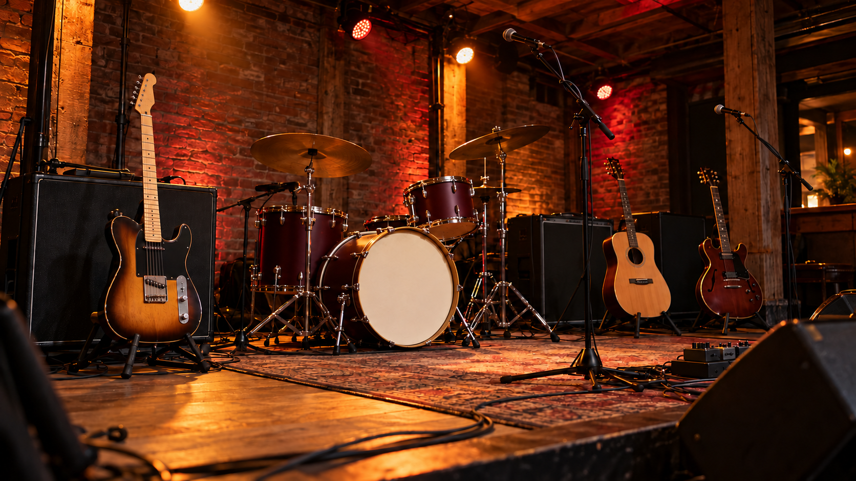 Instruments and lights on an intimate live music stage