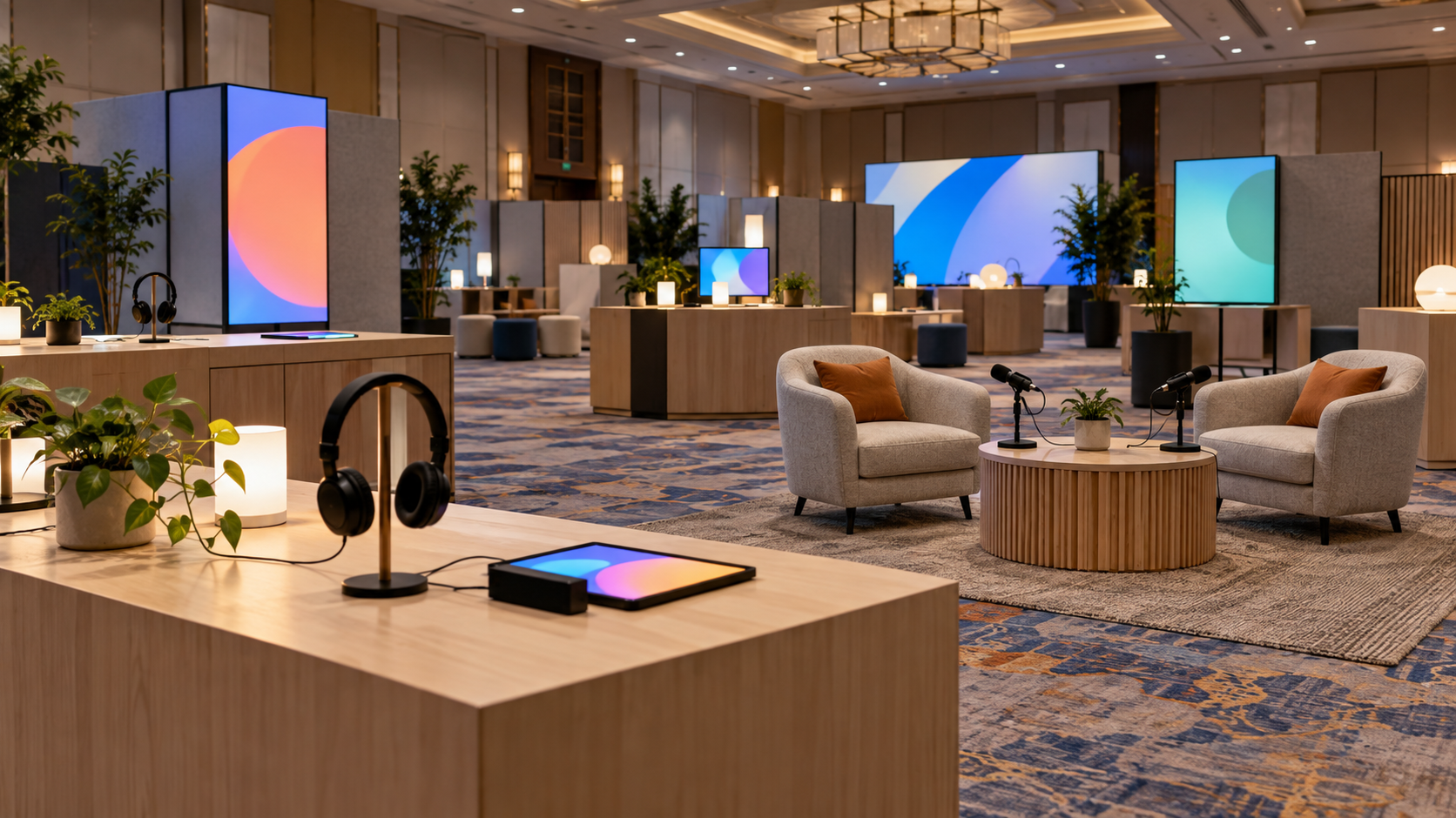 Microphones and headphones set out for a live podcast session